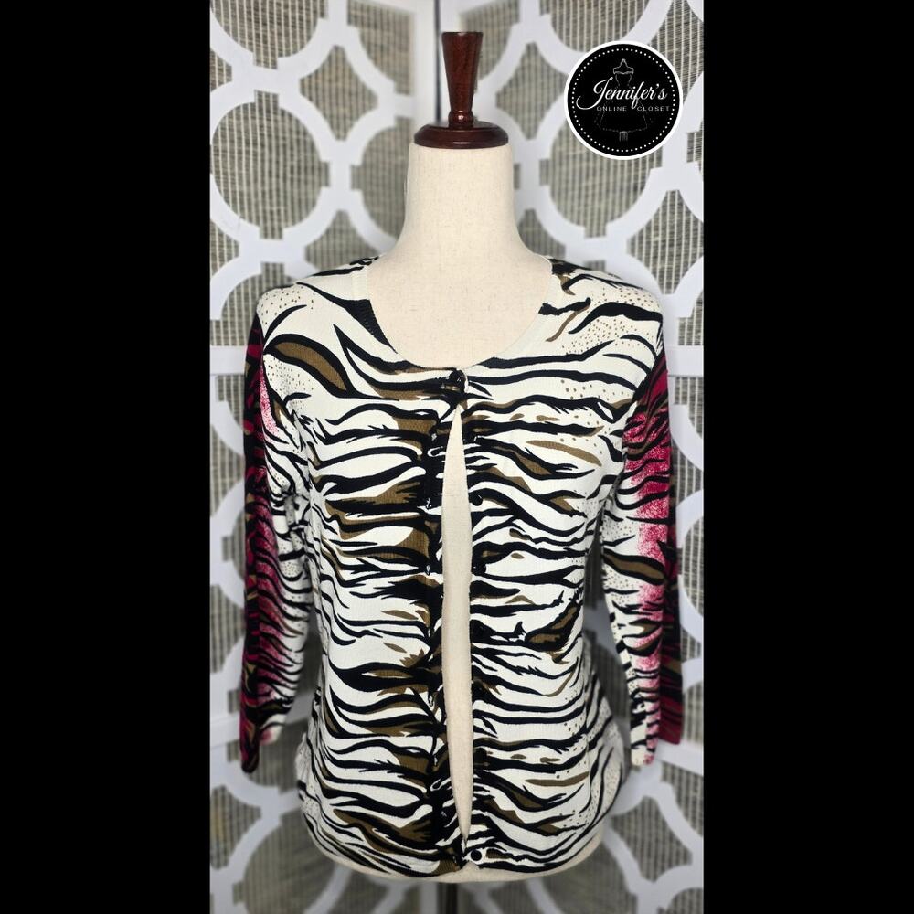Elizabeth New York Vintage Cream Black Red Animal Print Cardigan Size Large